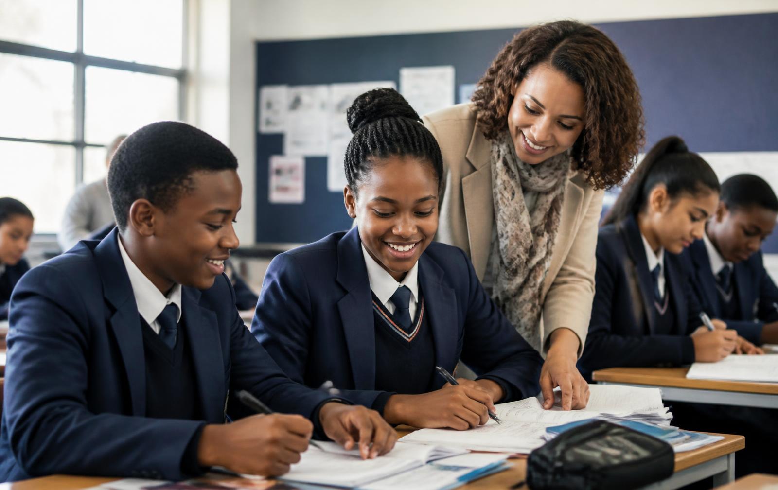 A teacher helping learners in uniform during a lesson
