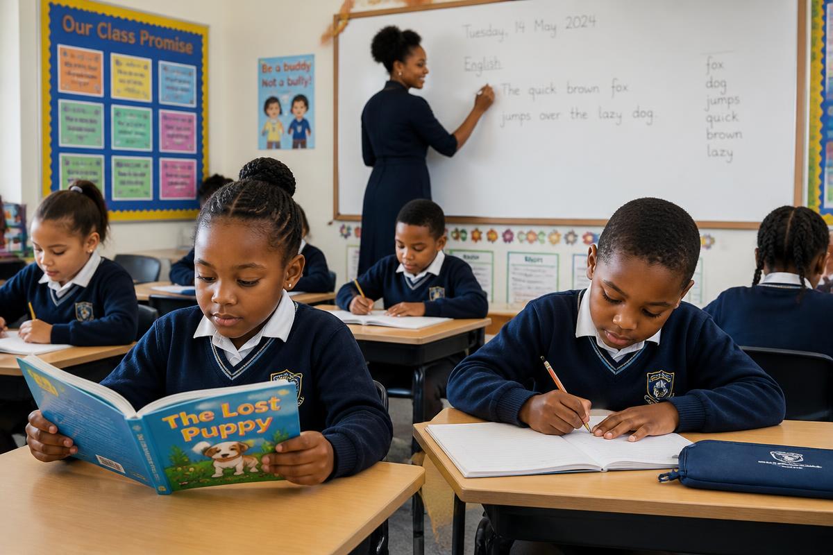 Primary school learners reading and writing at their desks